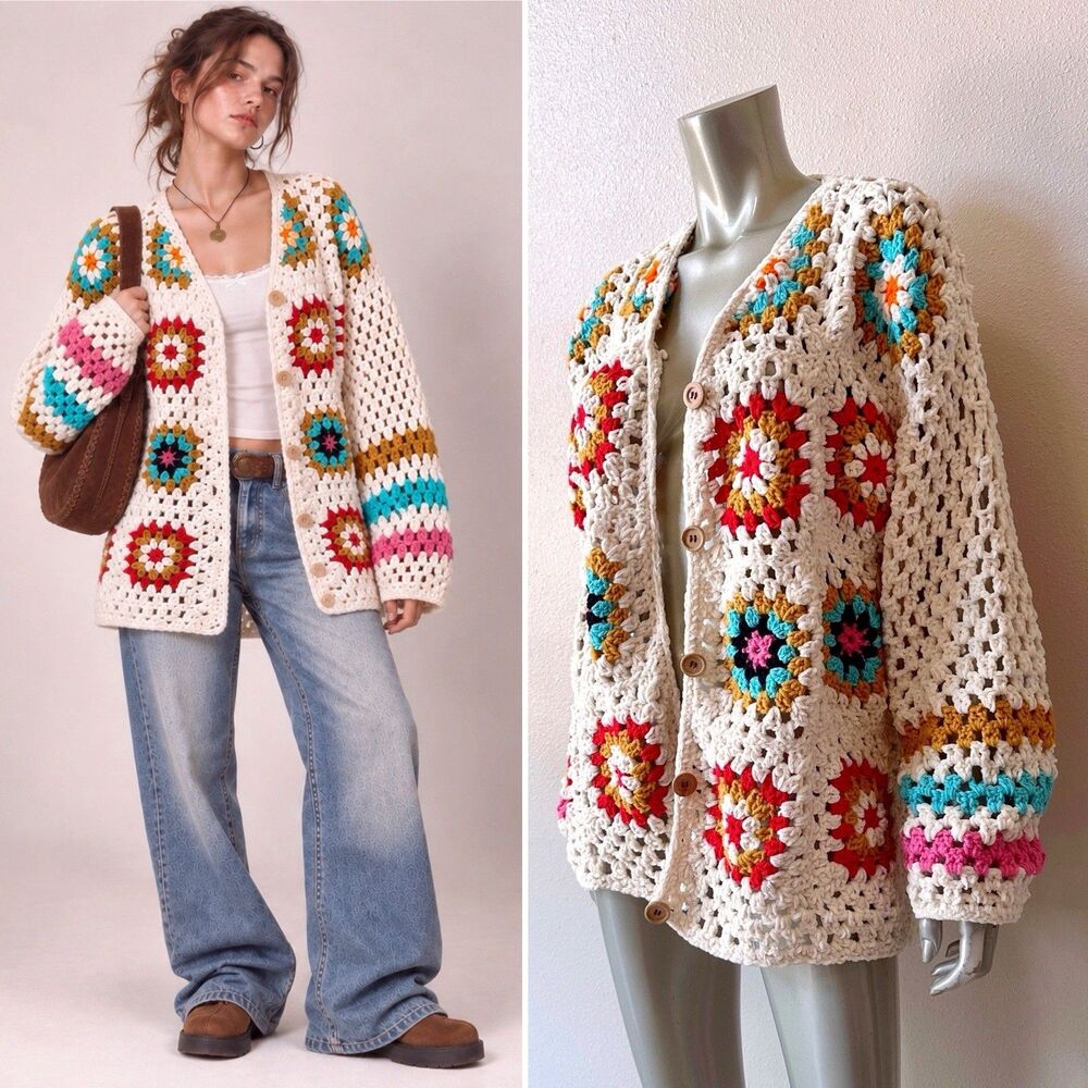 Granny Square Crochet Cardigan Sweater Large Vintage Y2K Chenille Open Knit Boho
